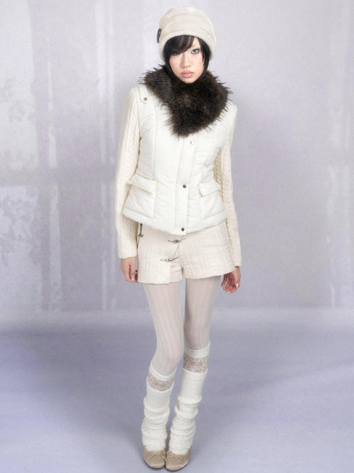 OPEN AESTHETIC 96 Percent Cotton Filled Slim Fit Fur Collar Cropped Cream Puffer Jackets