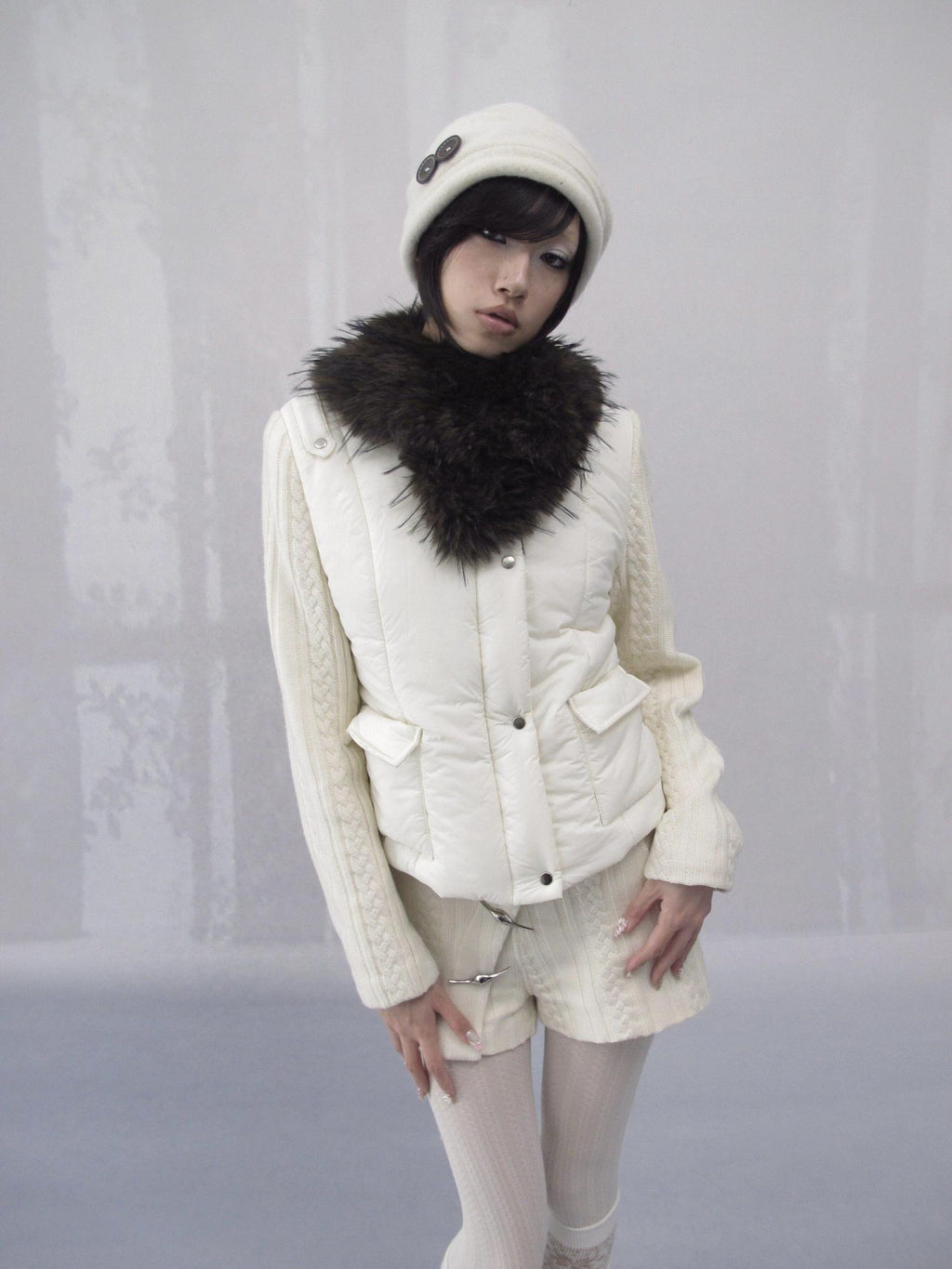 OPEN AESTHETIC 96 Percent Cotton Filled Slim Fit Fur Collar Cropped Cream Puffer Jackets