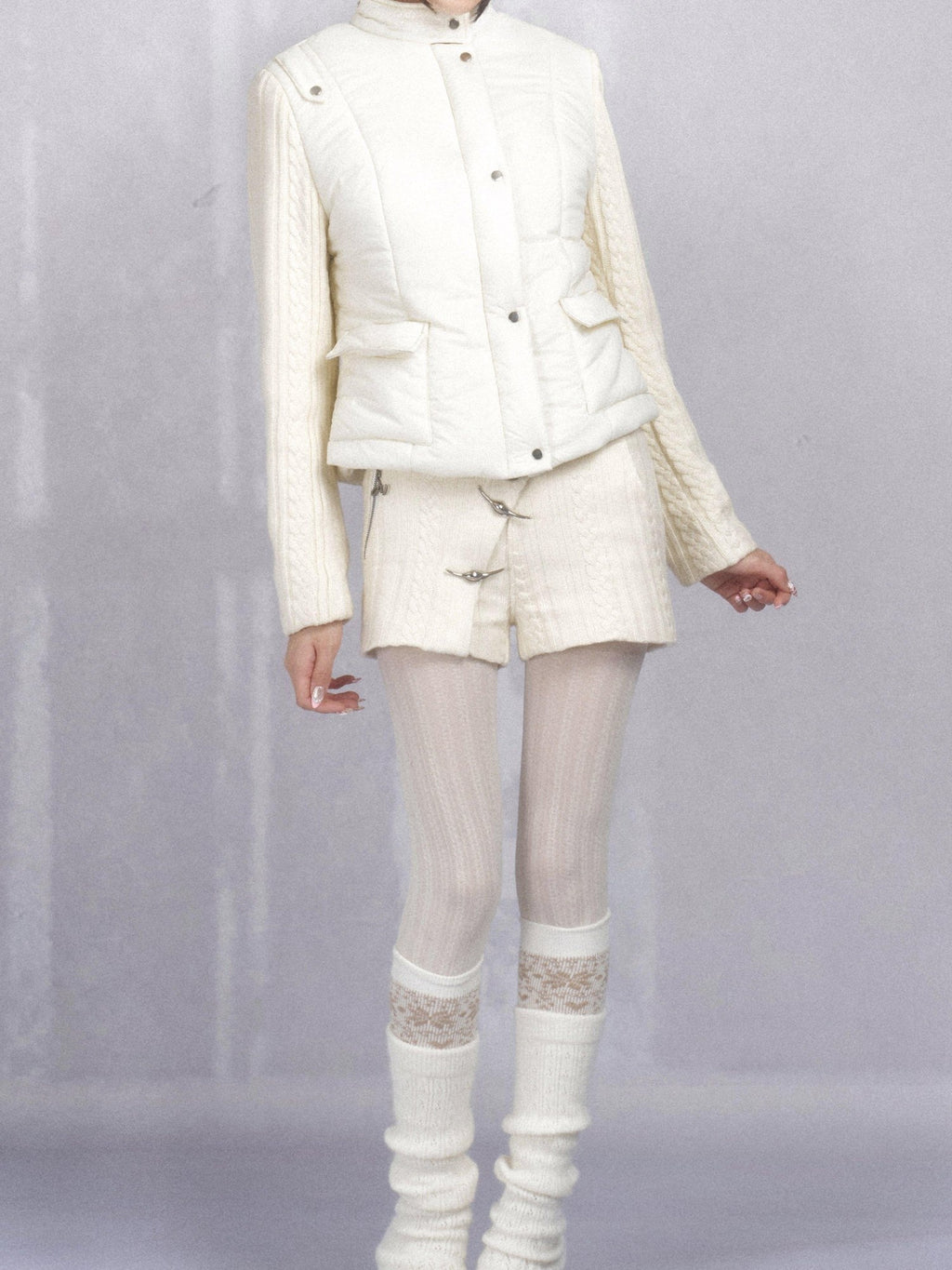 OPEN AESTHETIC 96 Percent Cotton Filled Slim Fit Fur Collar Cropped Cream Puffer Jackets