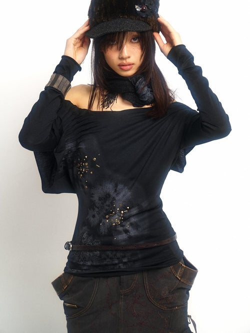 OPEN AESTHETIC Beaded Rhinestone Print Tencel Cotton Slim Fit Women Long Sleeve T-Shirts