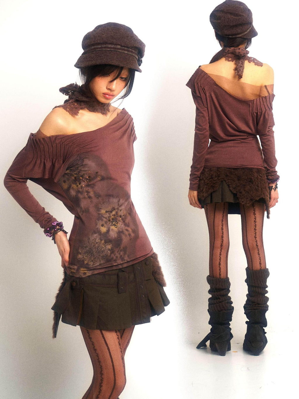 OPEN AESTHETIC Beaded Rhinestone Print Tencel Cotton Slim Fit Women Long Sleeve T-Shirts