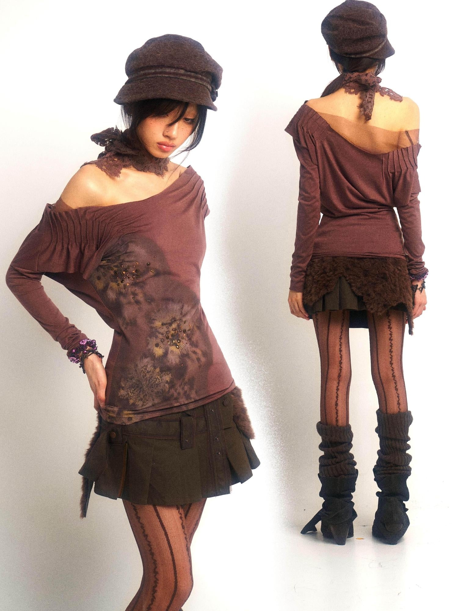 OPEN AESTHETIC Beaded Rhinestone Print Tencel Cotton Slim Fit Women Long Sleeve T-Shirts