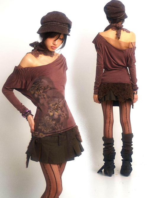 OPEN AESTHETIC Beaded Rhinestone Print Tencel Cotton Slim Fit Women Long Sleeve T-Shirts