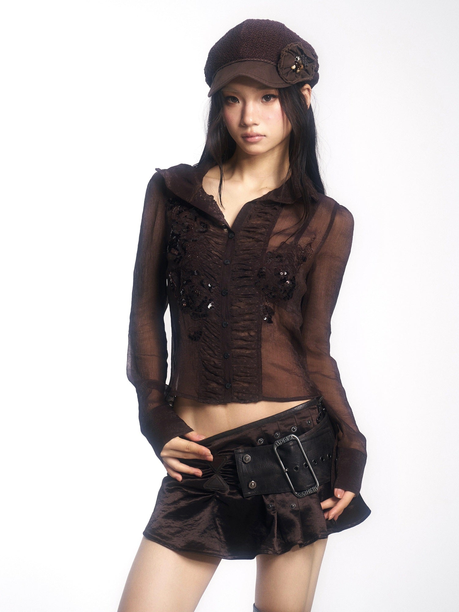 OPEN AESTHETIC Beaded Sequined Embroidered Chiffon Straight Vintage Long Sleeve Women Blouses