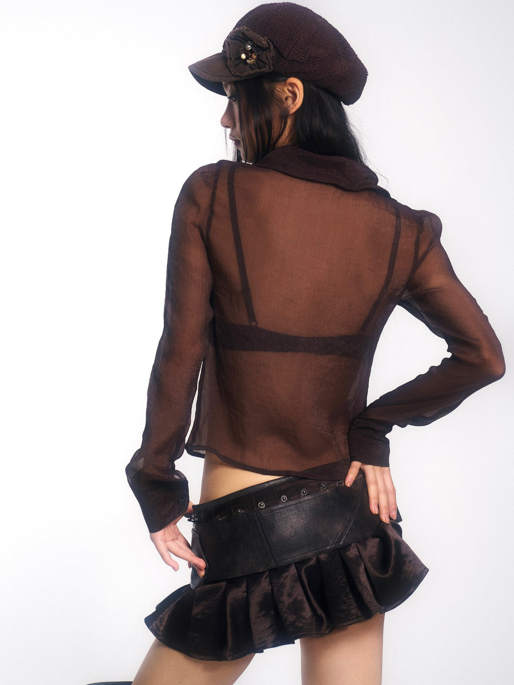 OPEN AESTHETIC Beaded Sequined Embroidered Chiffon Straight Vintage Long Sleeve Women Blouses