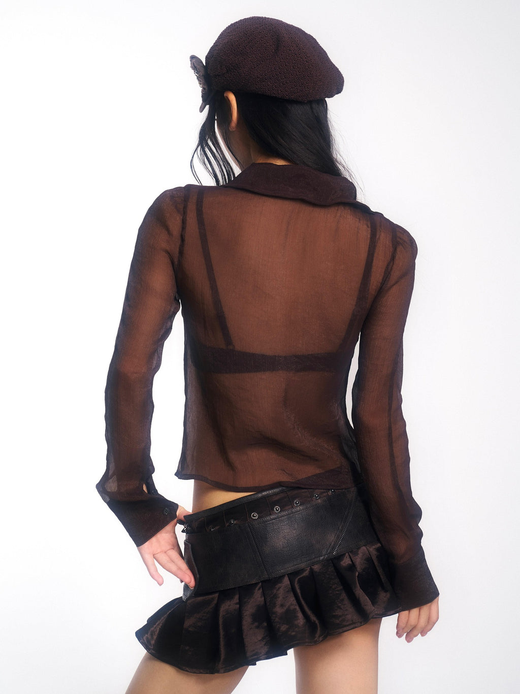 OPEN AESTHETIC Beaded Sequined Embroidered Chiffon Straight Vintage Long Sleeve Women Blouses