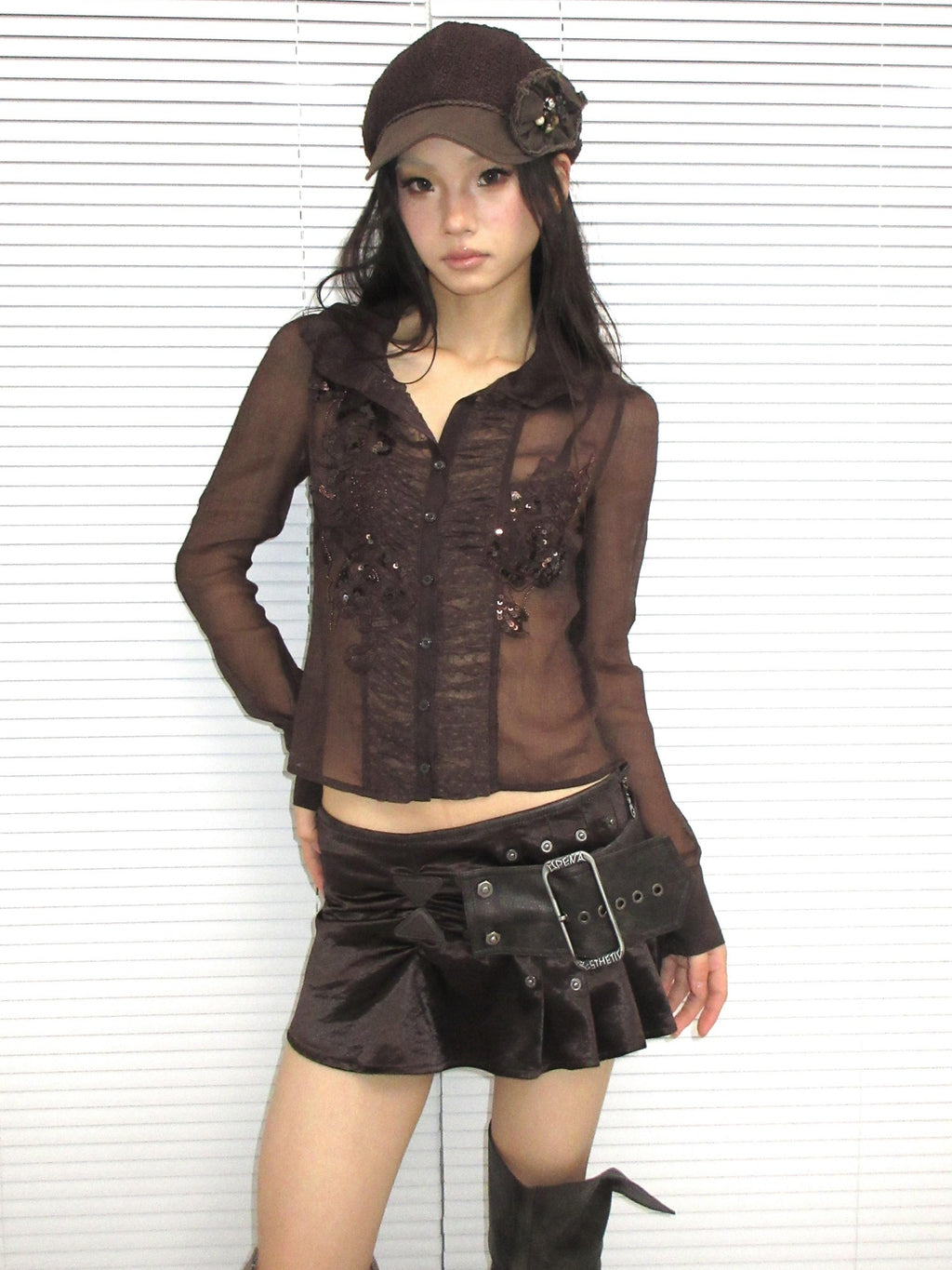 OPEN AESTHETIC Beaded Sequined Embroidered Chiffon Straight Vintage Long Sleeve Women Blouses