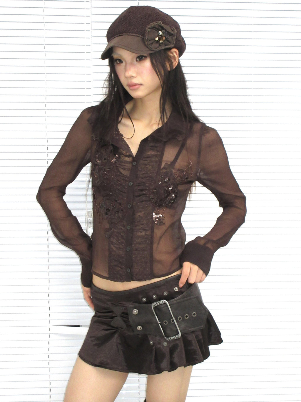 OPEN AESTHETIC Beaded Sequined Embroidered Chiffon Straight Vintage Long Sleeve Women Blouses