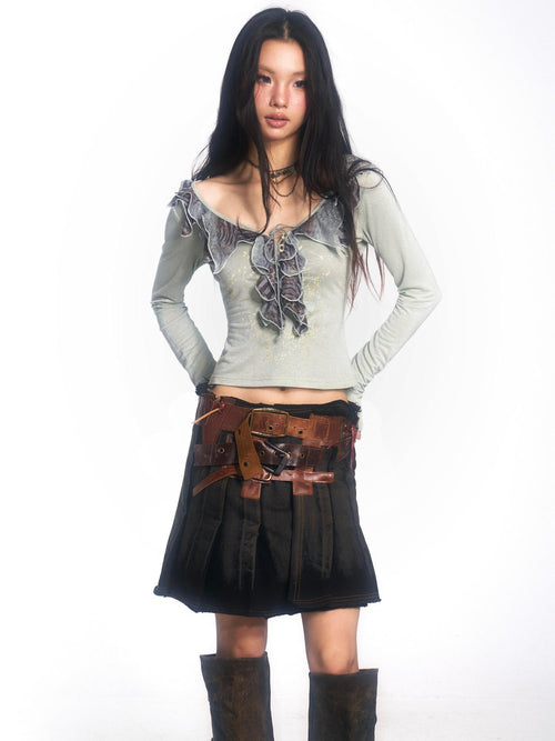 OPEN AESTHETIC Breathable Cotton Loose V-neck Zip Long Sleeve Light Green Women Crop Tops