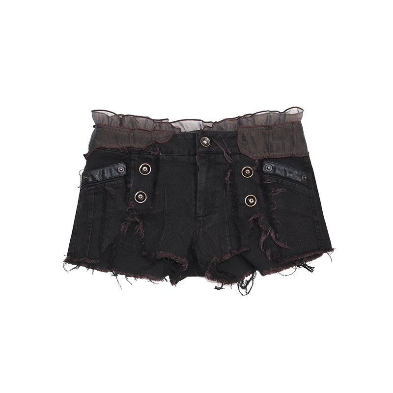 OPEN_AESTHETIC_Button_Embellished_Distressed_Low_Rise_Slim_Women_Casual_Dark_Brown_Denim_Shorts_MISSTT