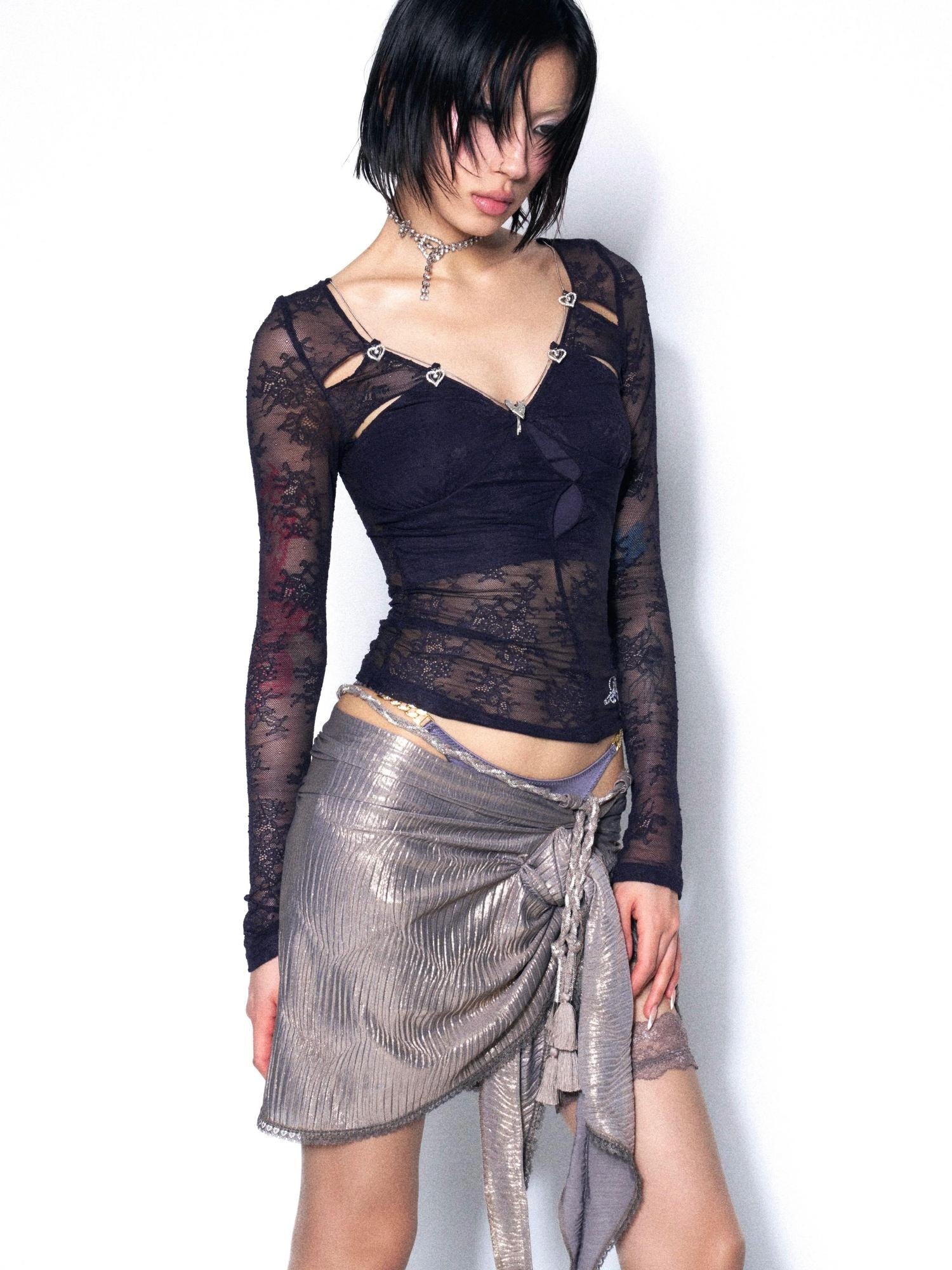 OPEN AESTHETIC Champagne Pleated Asymmetric Tie Front Slit Low Waist A Line Mini Skirts