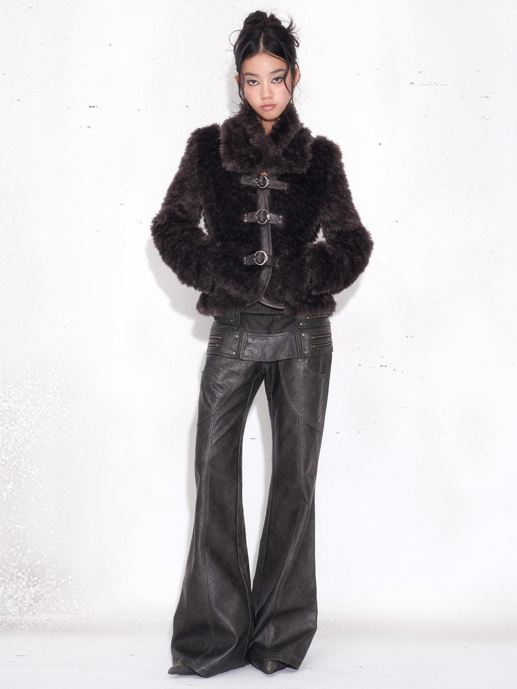 OPEN AESTHETIC Dark Aesthetic Double Waist Low Rise Zipper Slim Pu Paneled Women Leather Pants