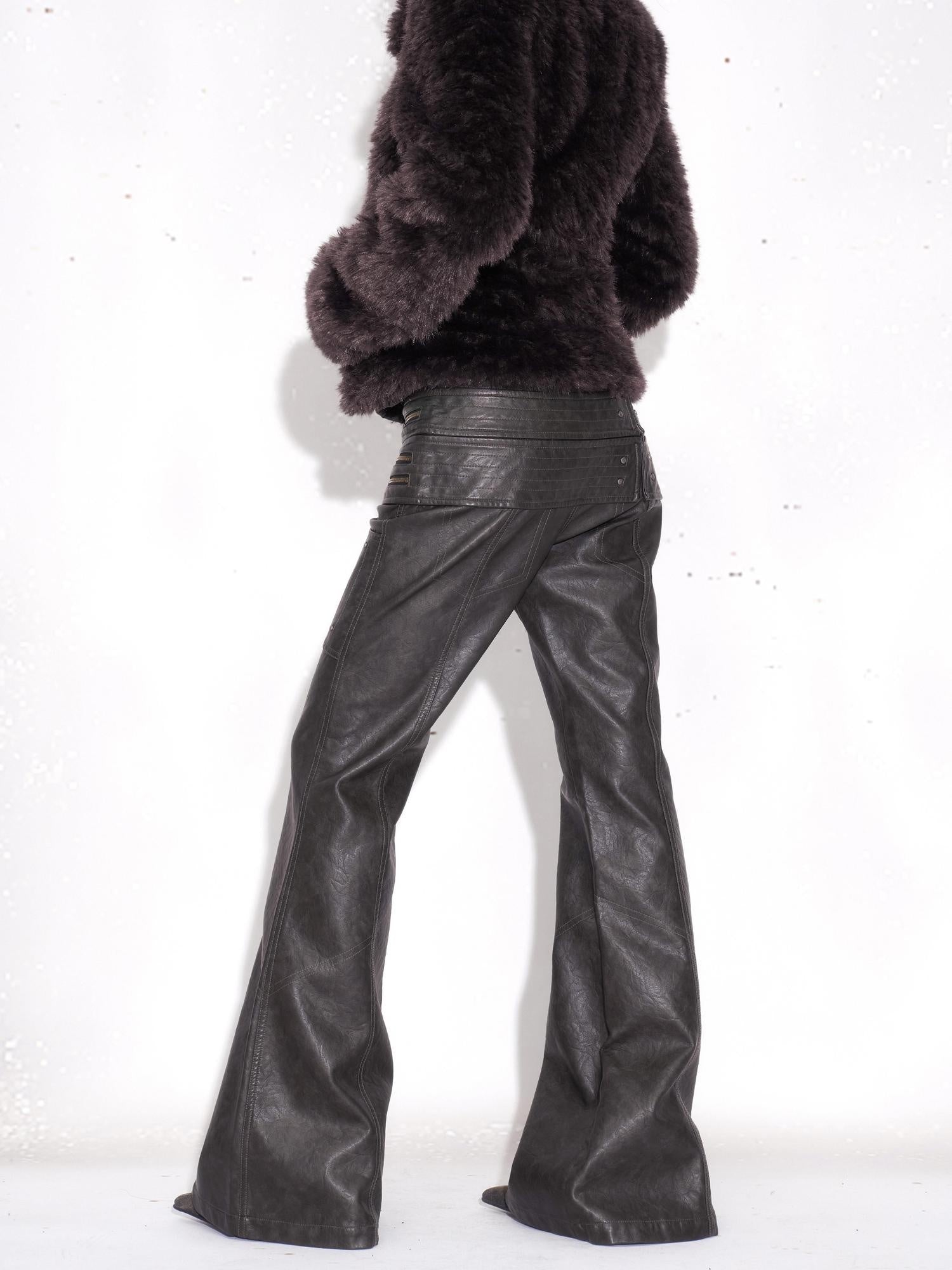 OPEN AESTHETIC Dark Aesthetic Double Waist Low Rise Zipper Slim Pu Paneled Women Leather Pants