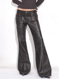 OPEN AESTHETIC Dark Aesthetic Double Waist Low Rise Zipper Slim Pu Paneled Women Leather Pants
