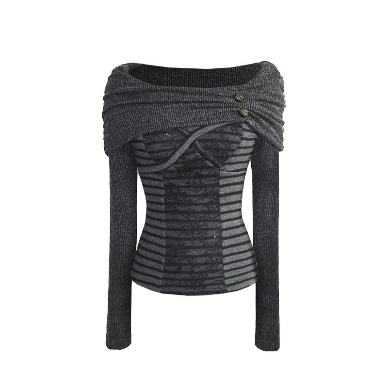 OPEN_AESTHETIC_Dark_Metal_Striped_Slim_Fit_Boat_Neck_For_Women_Black_Knit_Long_Sleeve_T-Shirts_MISSTT