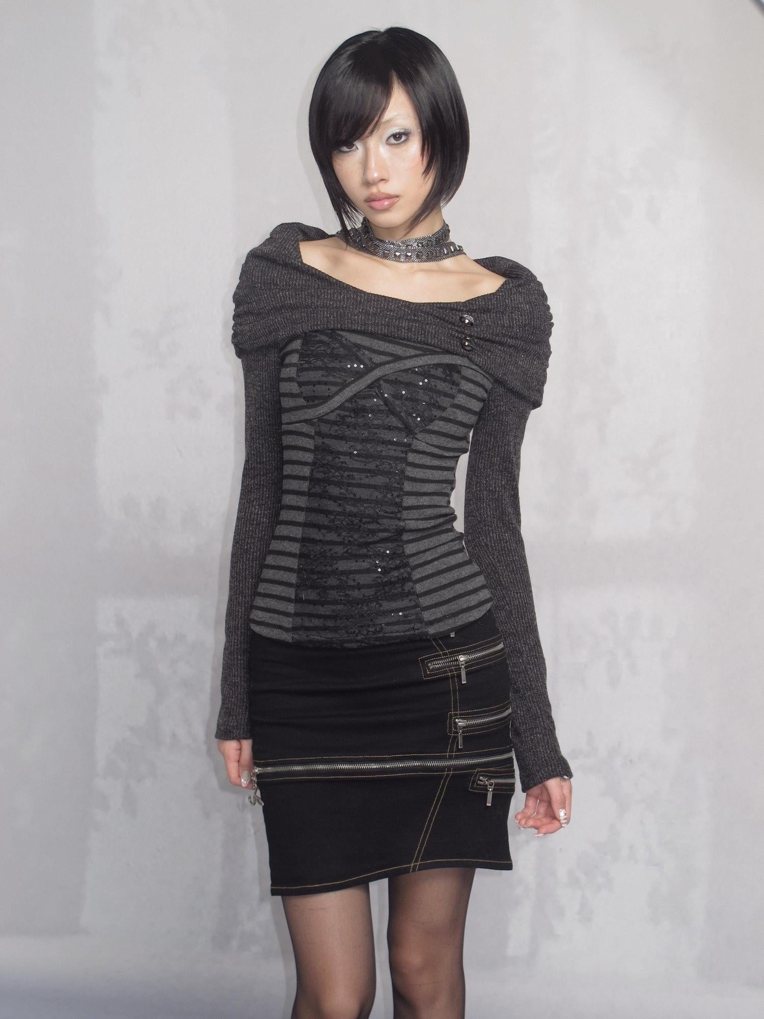 OPEN AESTHETIC Dark Metal Striped Slim Fit Boat Neck For Women Black Knit Long Sleeve T-Shirts