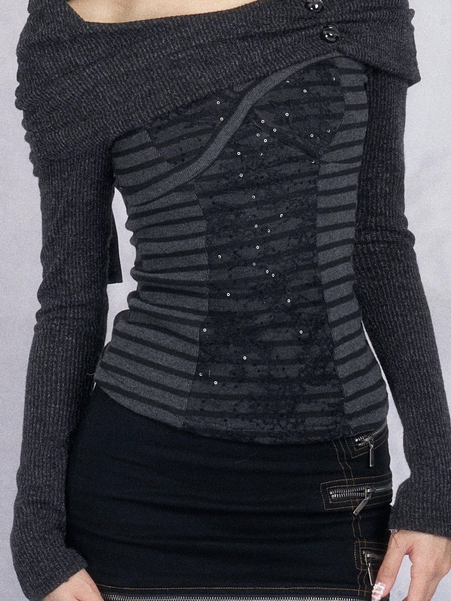 OPEN AESTHETIC Dark Metal Striped Slim Fit Boat Neck For Women Black Knit Long Sleeve T-Shirts