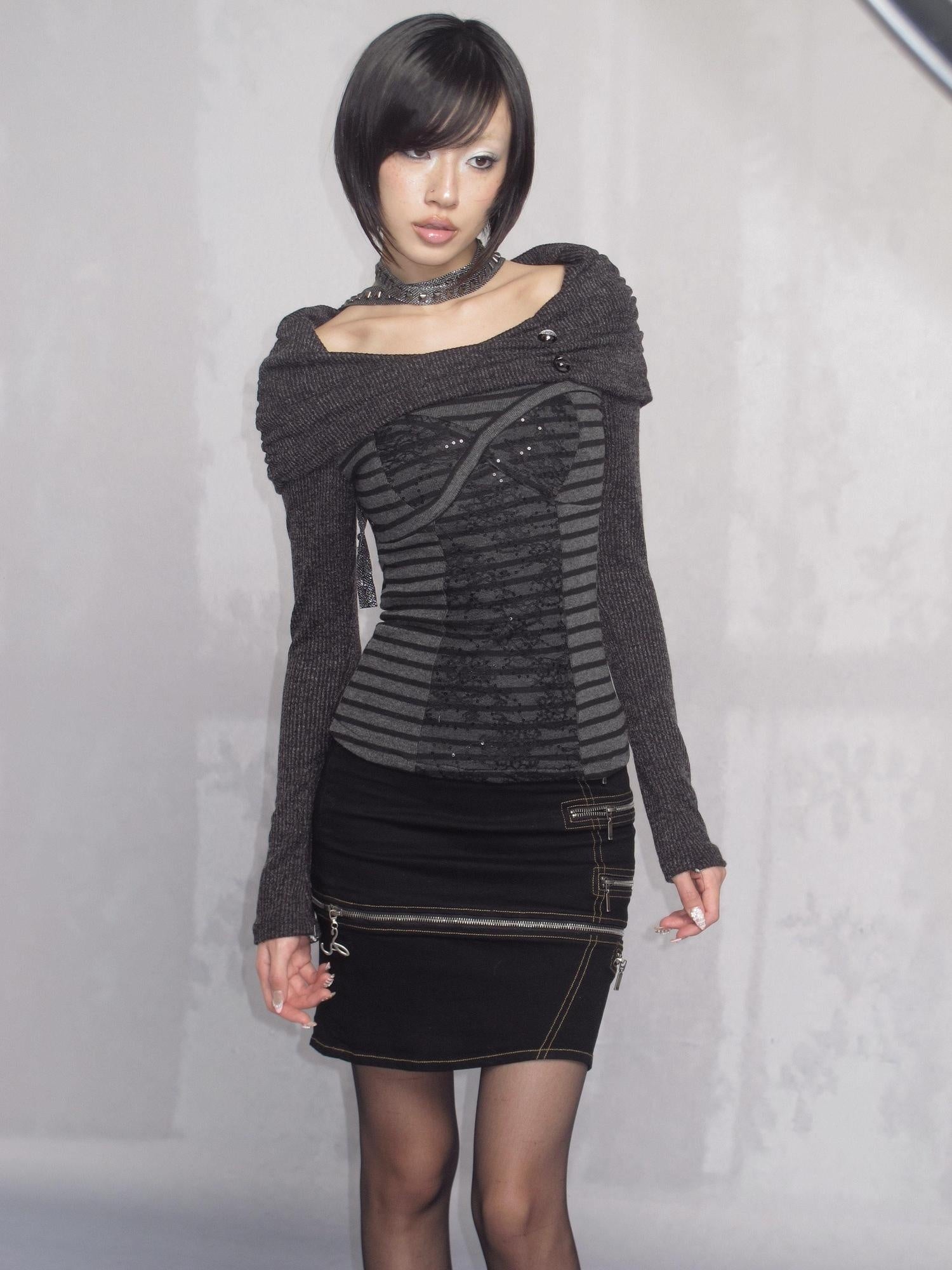 OPEN AESTHETIC Dark Metal Striped Slim Fit Boat Neck For Women Black Knit Long Sleeve T-Shirts