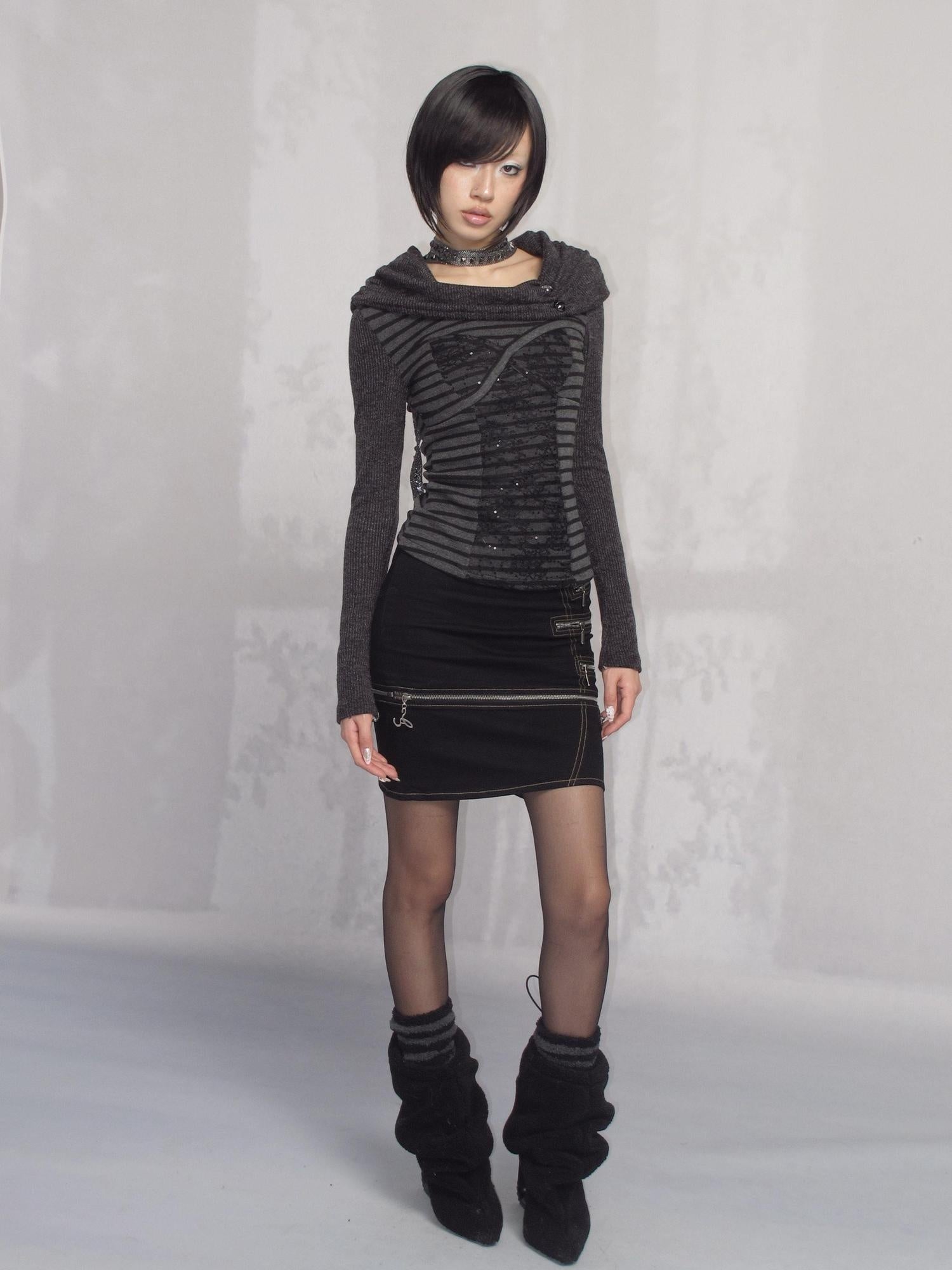 OPEN AESTHETIC Dark Metal Striped Slim Fit Boat Neck For Women Black Knit Long Sleeve T-Shirts