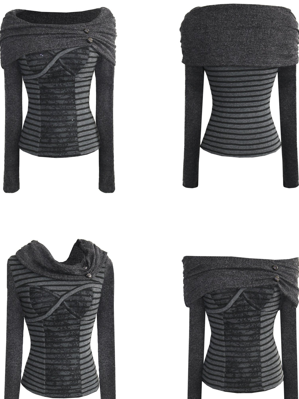 OPEN AESTHETIC Dark Metal Striped Slim Fit Boat Neck For Women Black Knit Long Sleeve T-Shirts