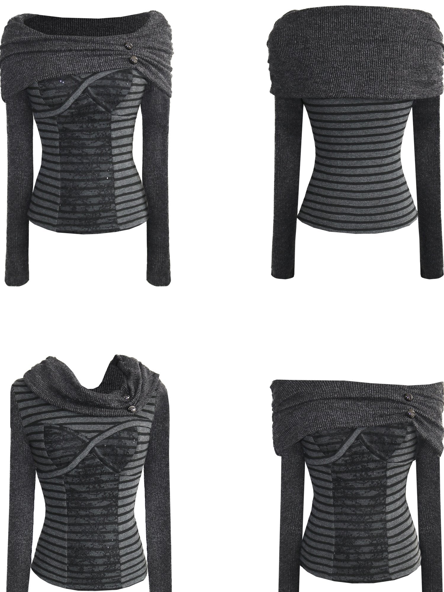 OPEN AESTHETIC Dark Metal Striped Slim Fit Boat Neck For Women Black Knit Long Sleeve T-Shirts