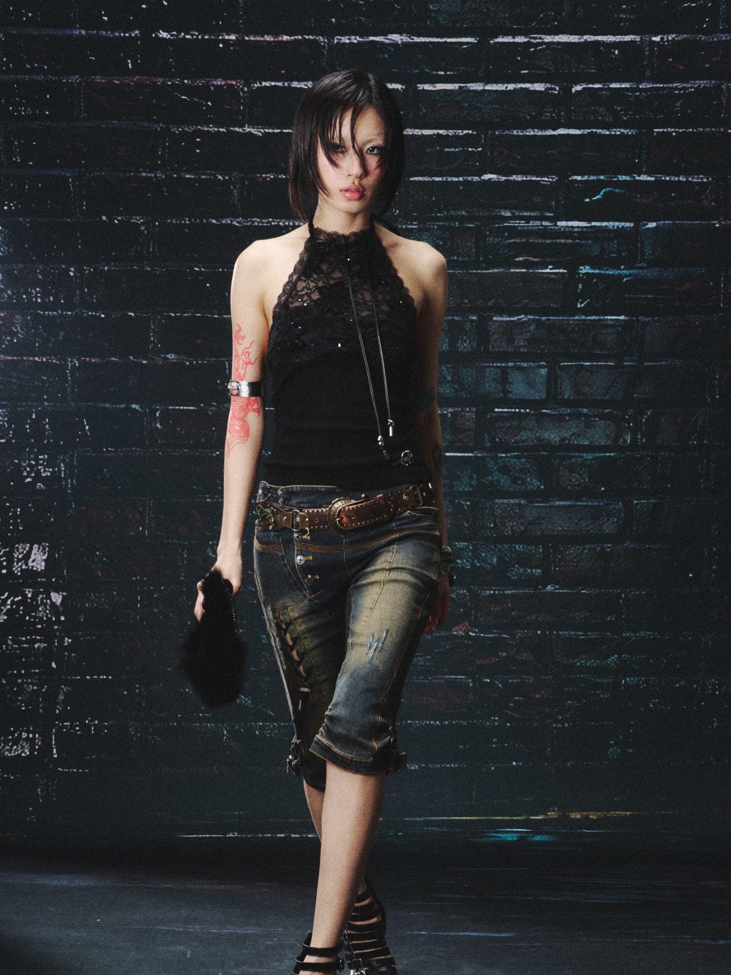OPEN AESTHETIC Delicate Lace Floral Slim Fit Halter Neck Cropped Black Strappy Tank Tops