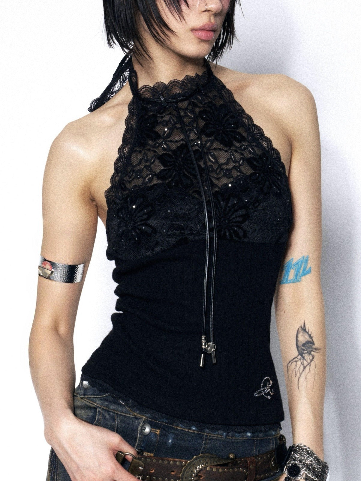 OPEN AESTHETIC Delicate Lace Floral Slim Fit Halter Neck Cropped Black Strappy Tank Tops