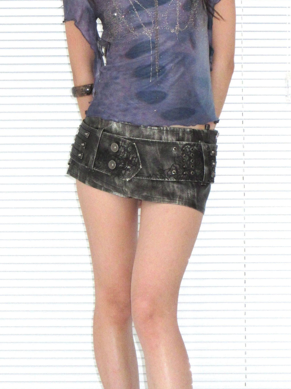 OPEN AESTHETIC Embroidered Faux Leather Punk Low Rise Slim Women Pocket Button Fly Skorts