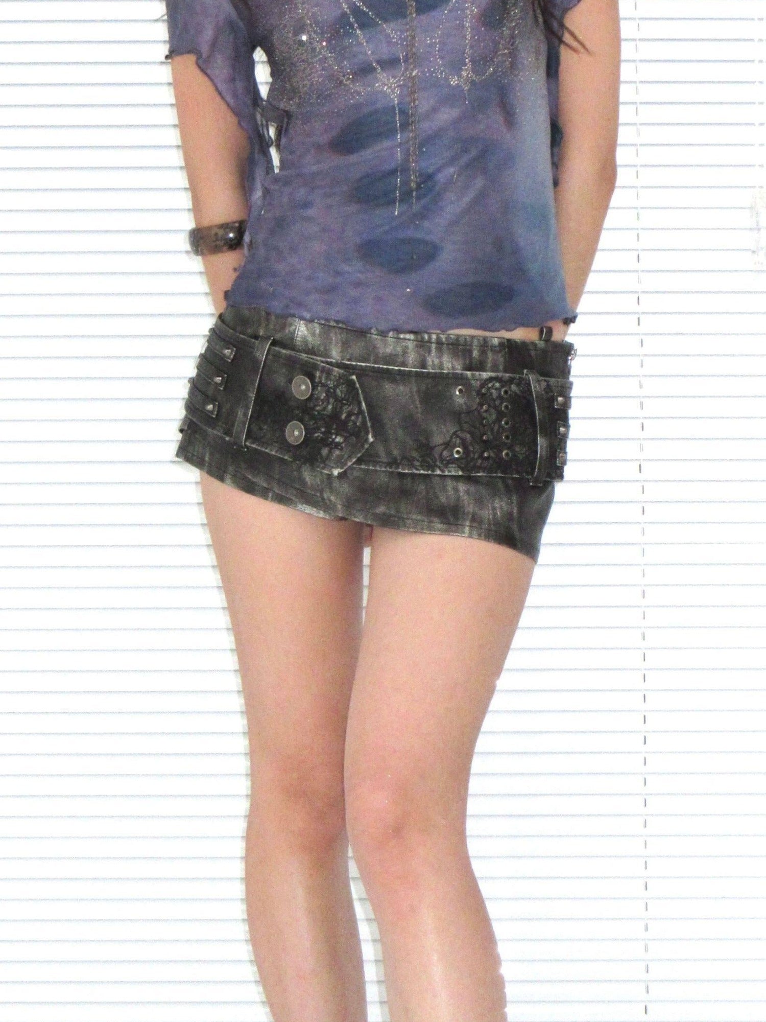 OPEN AESTHETIC Embroidered Faux Leather Punk Low Rise Slim Women Pocket Button Fly Skorts