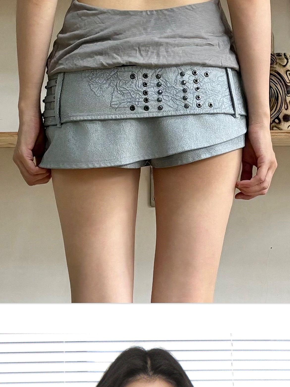 OPEN AESTHETIC Embroidered Pleather Pockets Retro Low Rise Straight Women Sky Blue Skorts