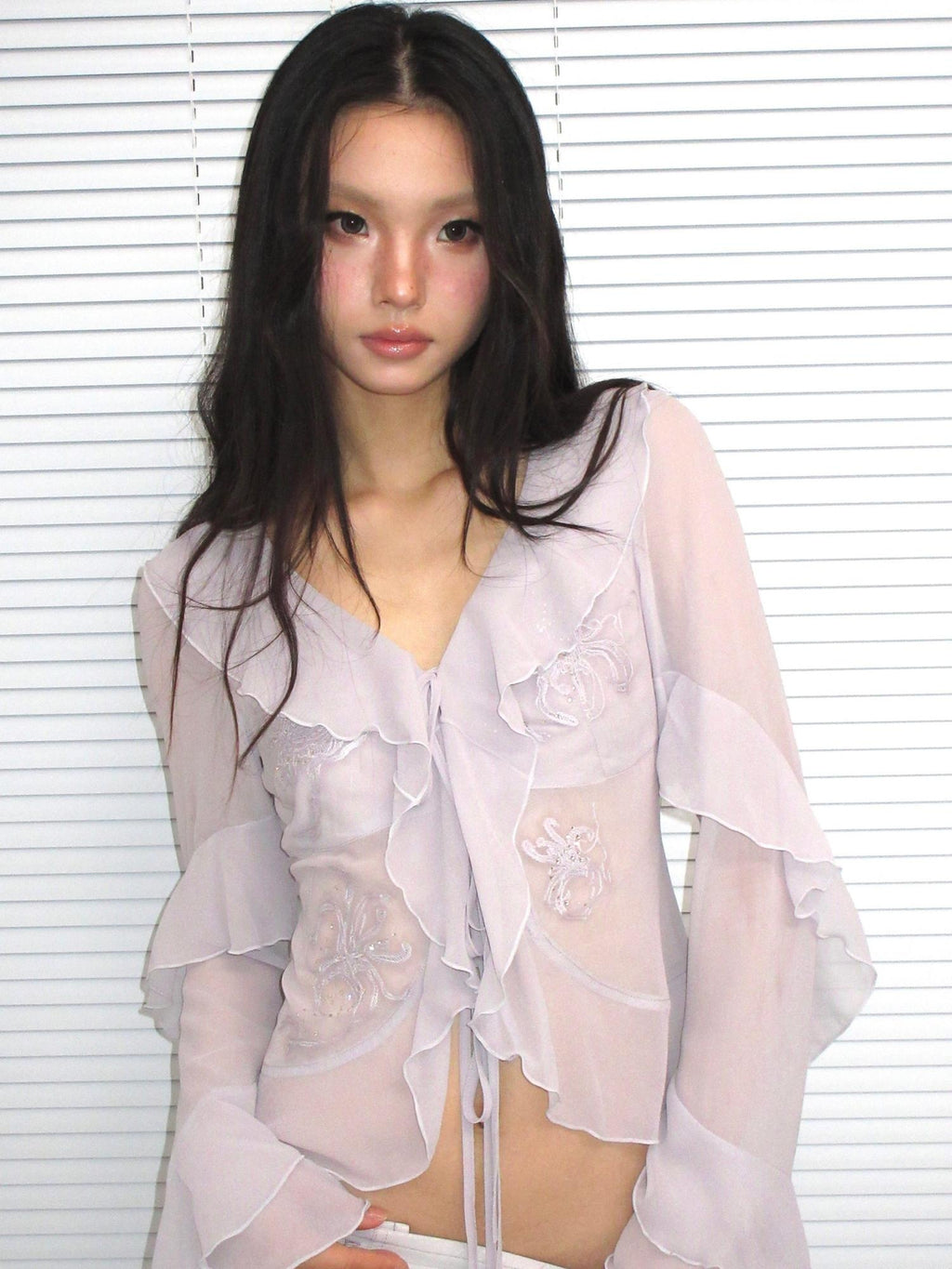 OPEN AESTHETIC Embroidered Sheer Tie Front Cinched Waist Retro Lavender Long Sleeve Blouses