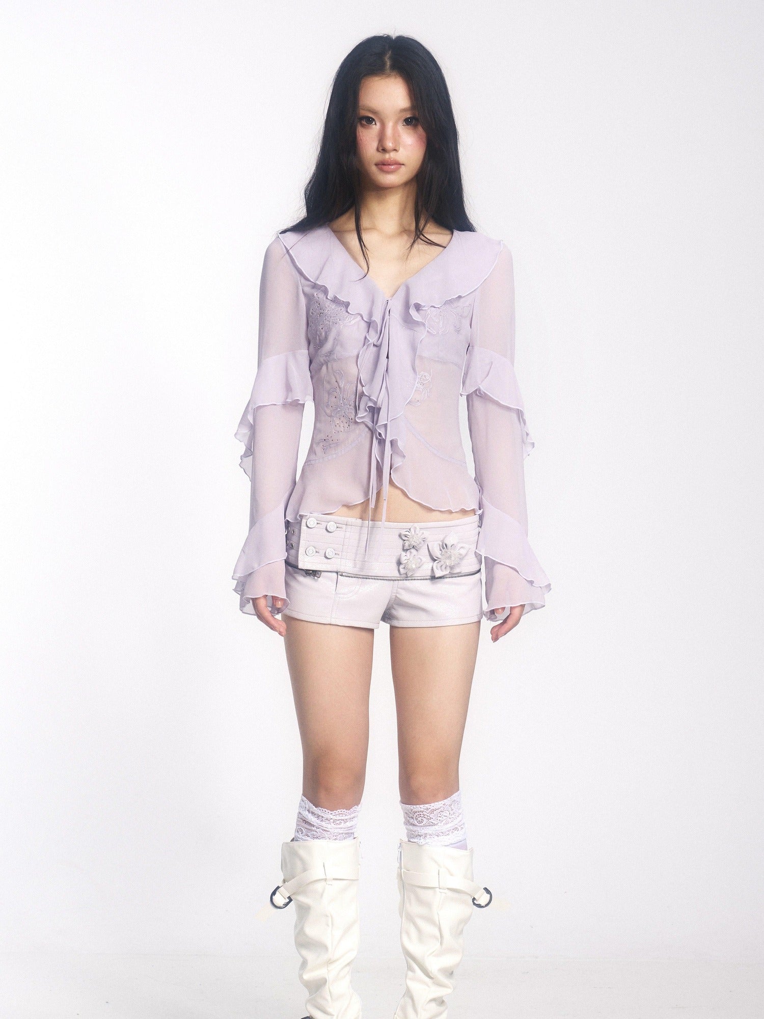 OPEN AESTHETIC Embroidered Sheer Tie Front Cinched Waist Retro Lavender Long Sleeve Blouses