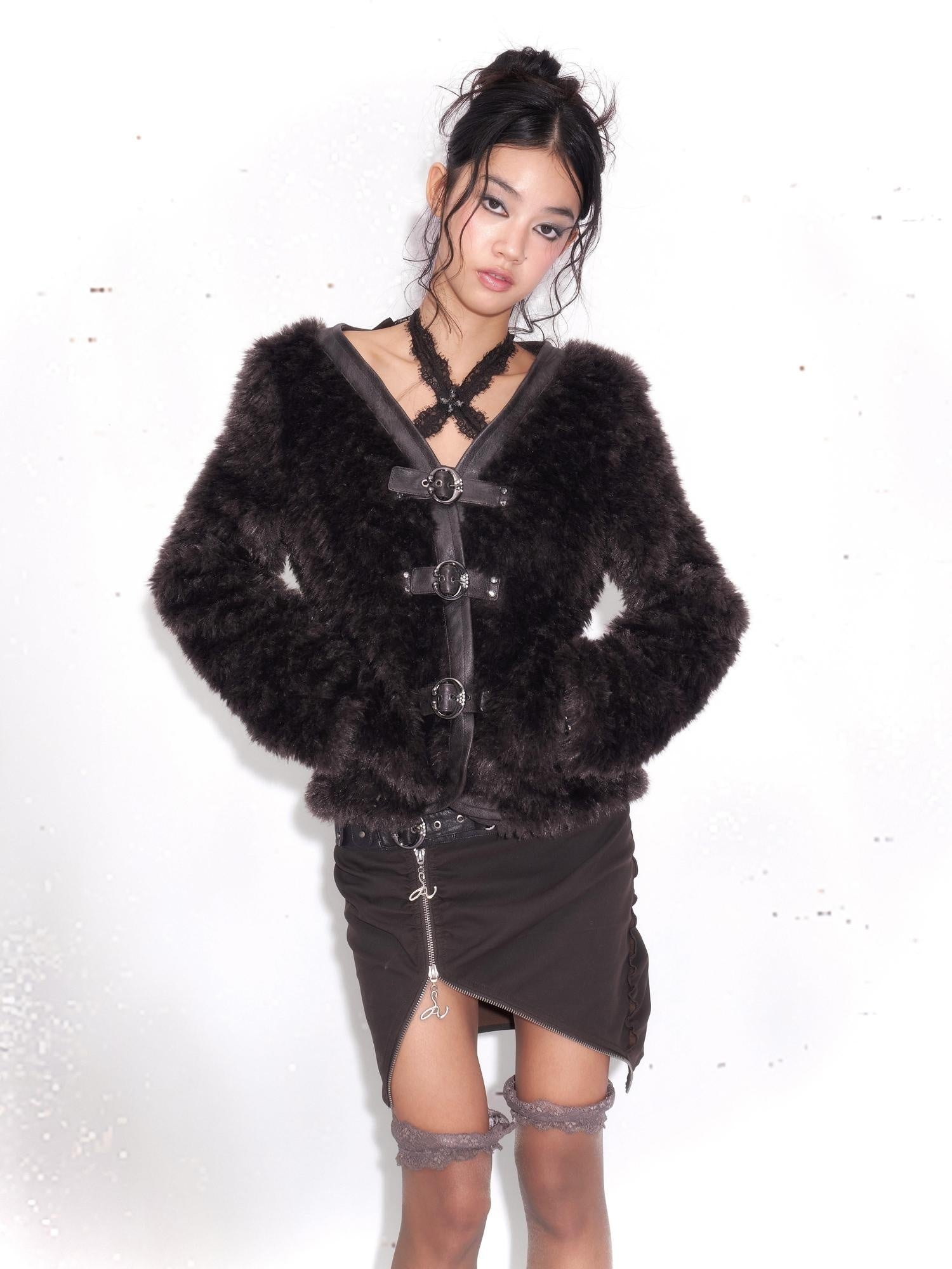 OPEN AESTHETIC Faux Shearling Hooded 3 Button Thick Women Purple Brown Casual Jackets