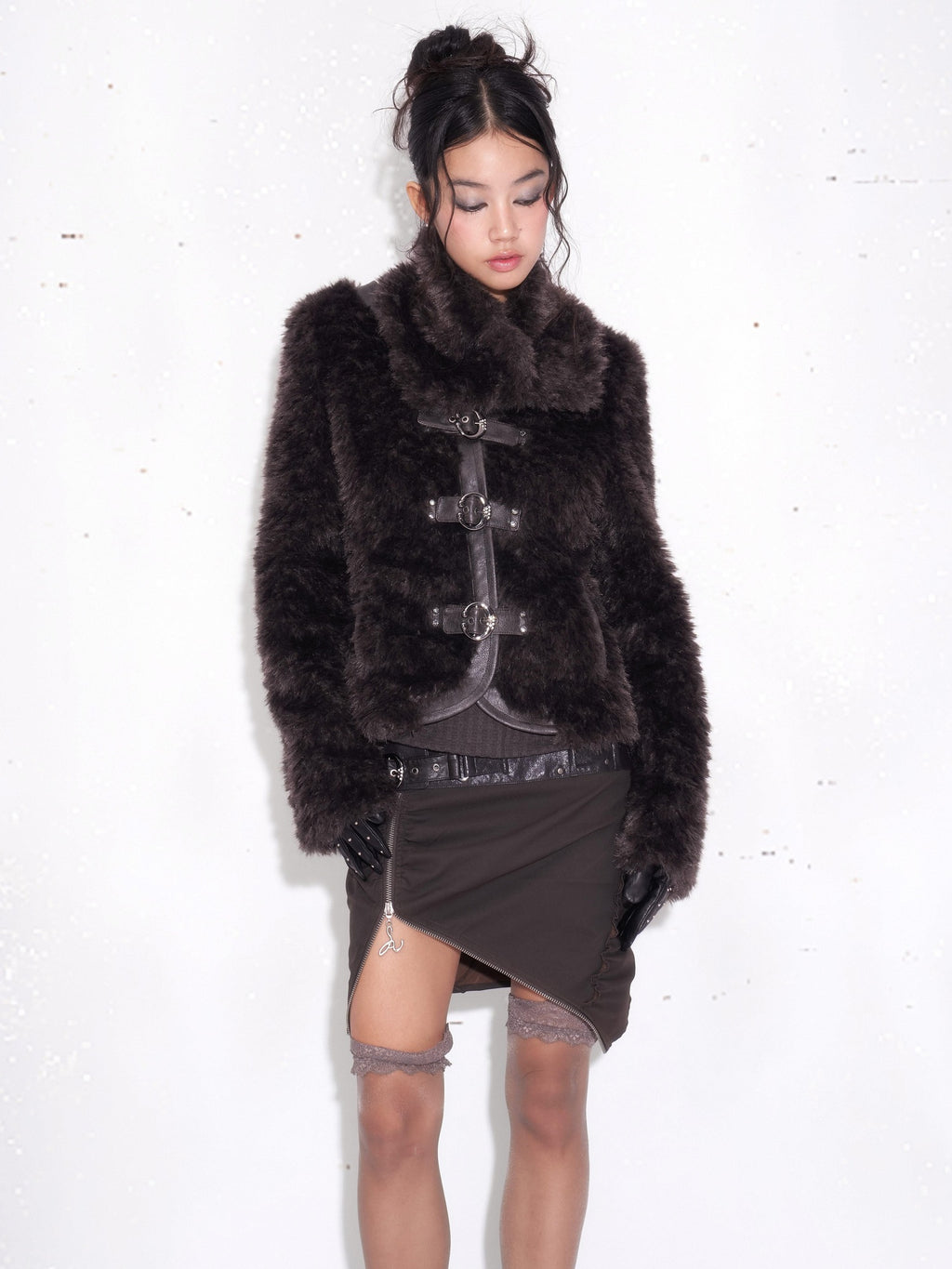 OPEN AESTHETIC Faux Shearling Hooded 3 Button Thick Women Purple Brown Casual Jackets