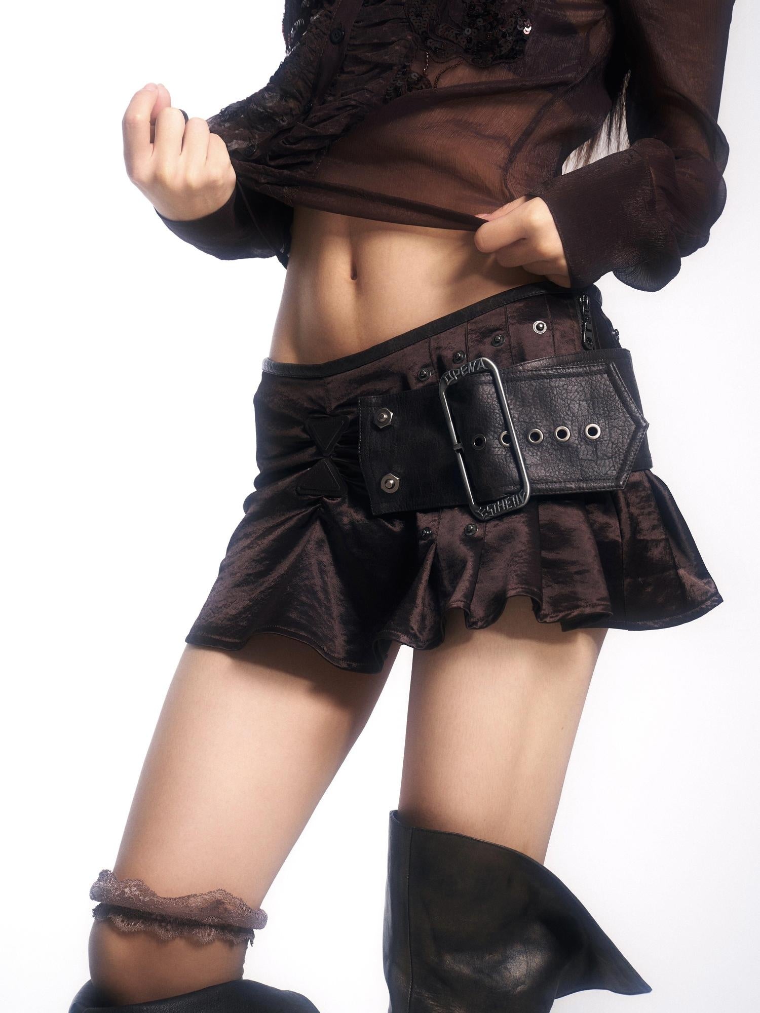 OPEN AESTHETIC Hand Pleated Ruffle Hem Vintage Low Waist Tie Women Brown Aesthetic Mini Skirts