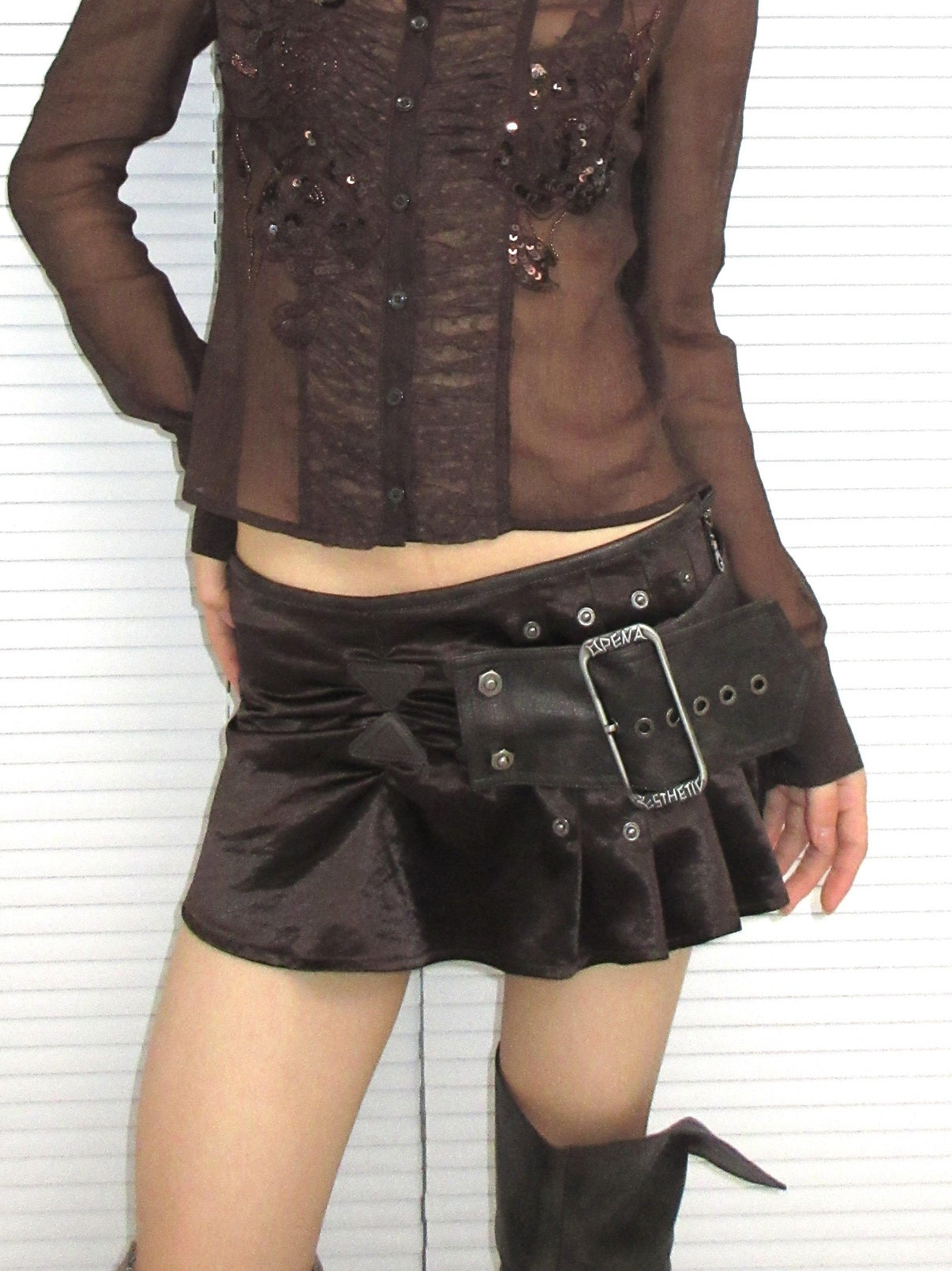OPEN AESTHETIC Hand Pleated Ruffle Hem Vintage Low Waist Tie Women Brown Aesthetic Mini Skirts