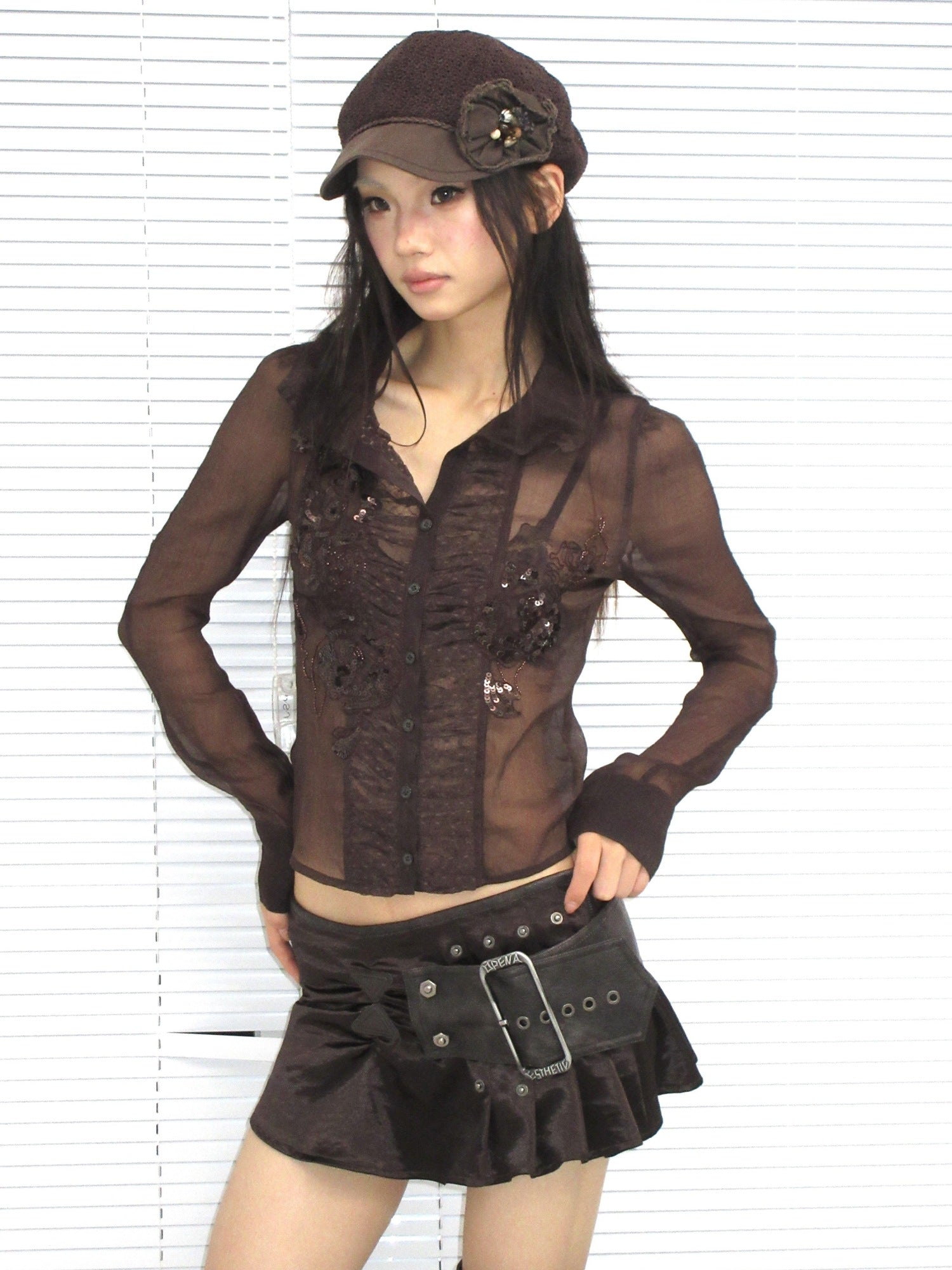 OPEN AESTHETIC Hand Pleated Ruffle Hem Vintage Low Waist Tie Women Brown Aesthetic Mini Skirts