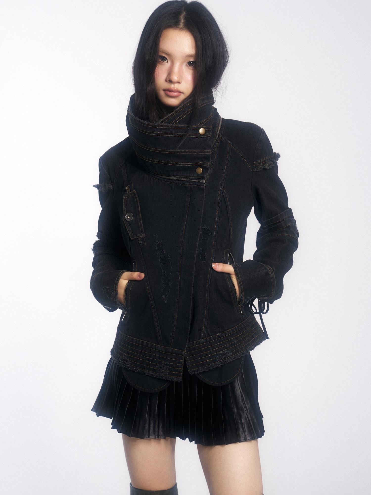 OPEN AESTHETIC Handmade Distressed Slim Punk Women Travel Black Zipper Collar Denim Jackets