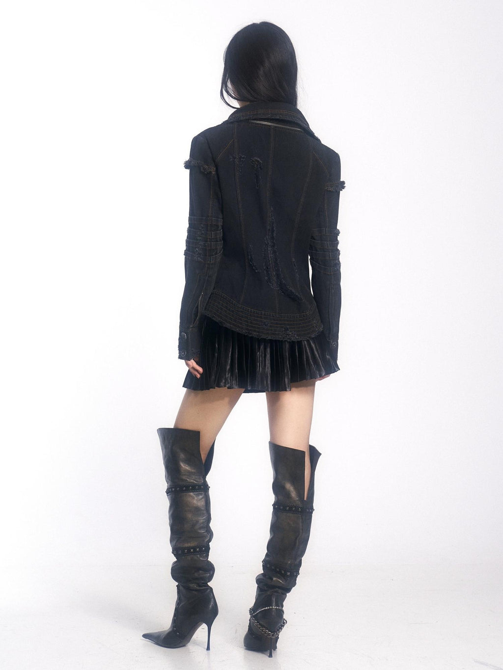 OPEN AESTHETIC Handmade Distressed Slim Punk Women Travel Black Zipper Collar Denim Jackets