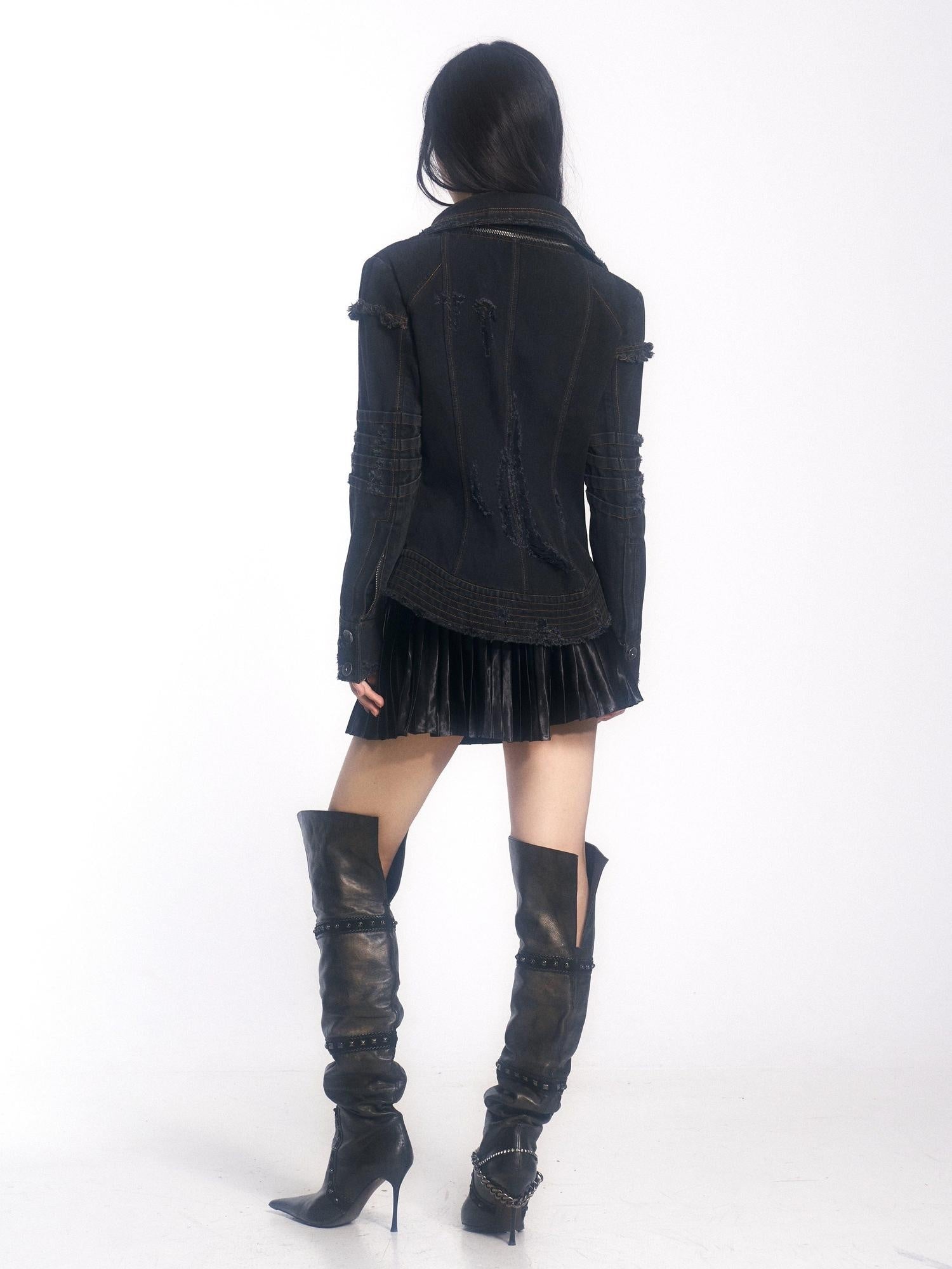 OPEN AESTHETIC Handmade Distressed Slim Punk Women Travel Black Zipper Collar Denim Jackets