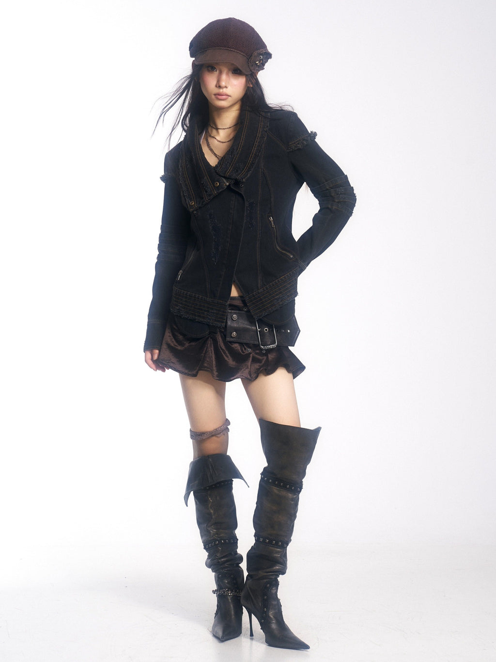 OPEN AESTHETIC Handmade Distressed Slim Punk Women Travel Black Zipper Collar Denim Jackets