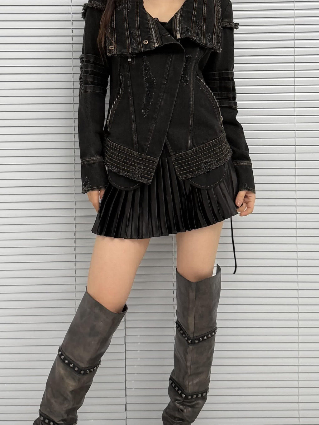OPEN AESTHETIC Handmade Distressed Slim Punk Women Travel Black Zipper Collar Denim Jackets