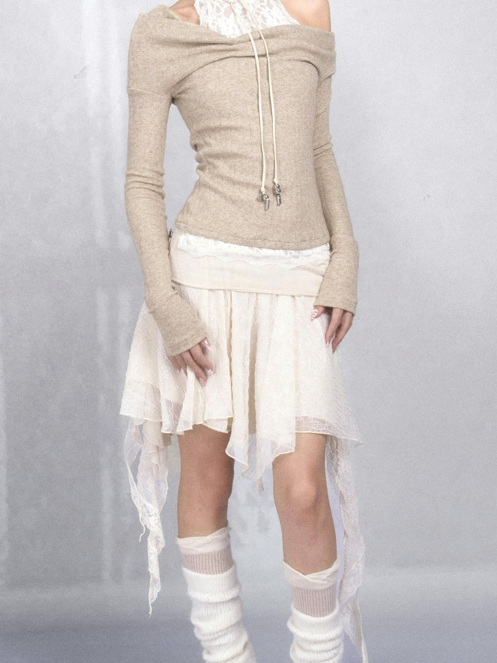 OPEN AESTHETIC High Stretch French Slim Halter Faux Layered Cotton Blend Long Sleeve T-Shirts