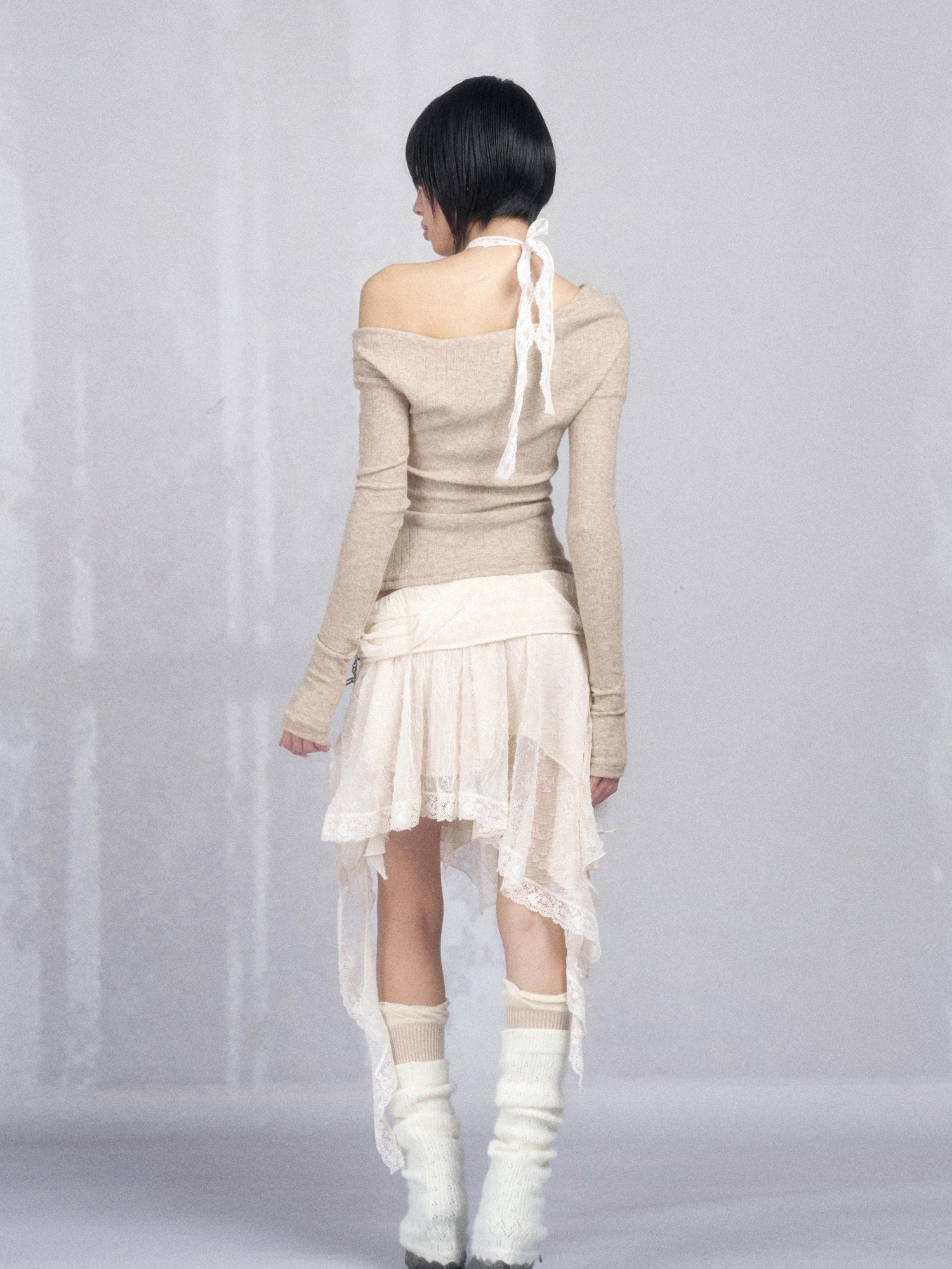 OPEN AESTHETIC High Stretch French Slim Halter Faux Layered Cotton Blend Long Sleeve T-Shirts
