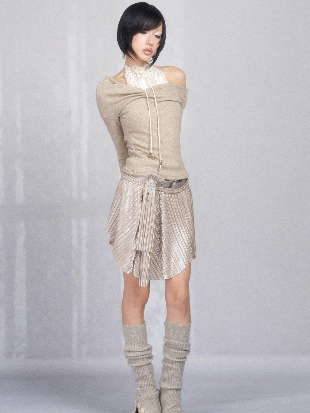 OPEN AESTHETIC High Stretch French Slim Halter Faux Layered Cotton Blend Long Sleeve T-Shirts