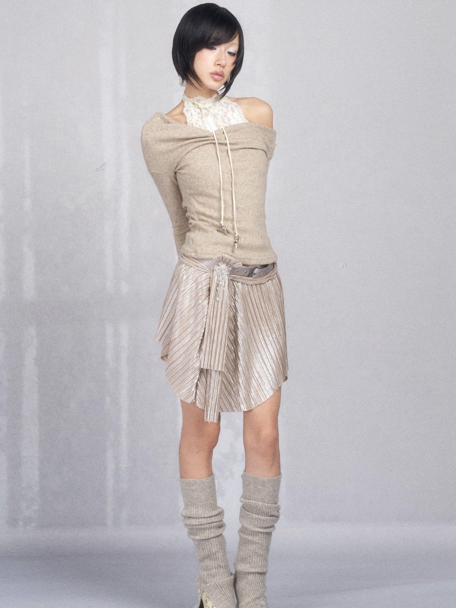 OPEN AESTHETIC High Stretch French Slim Halter Faux Layered Cotton Blend Long Sleeve T-Shirts