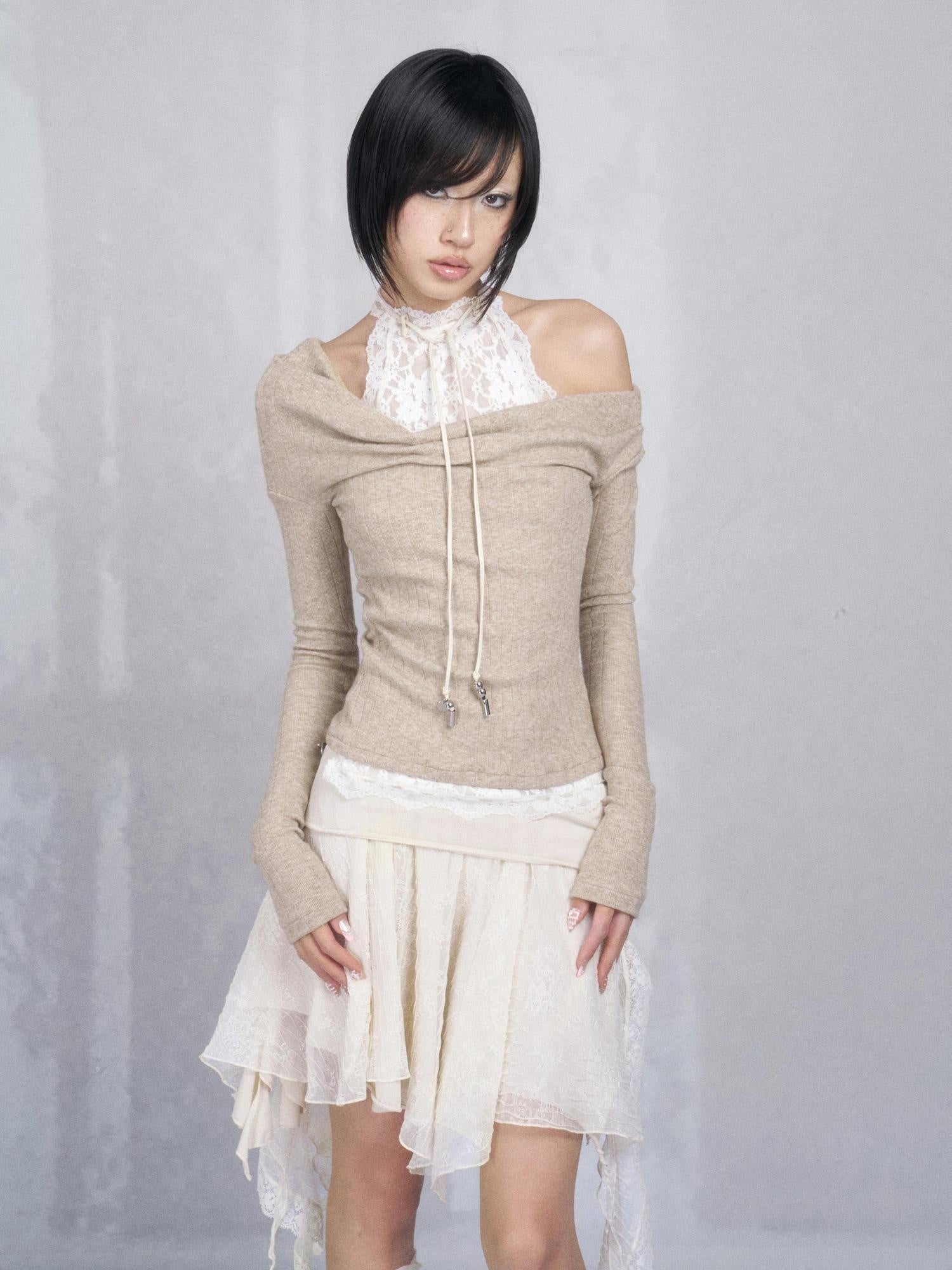 OPEN AESTHETIC High Stretch French Slim Halter Faux Layered Cotton Blend Long Sleeve T-Shirts