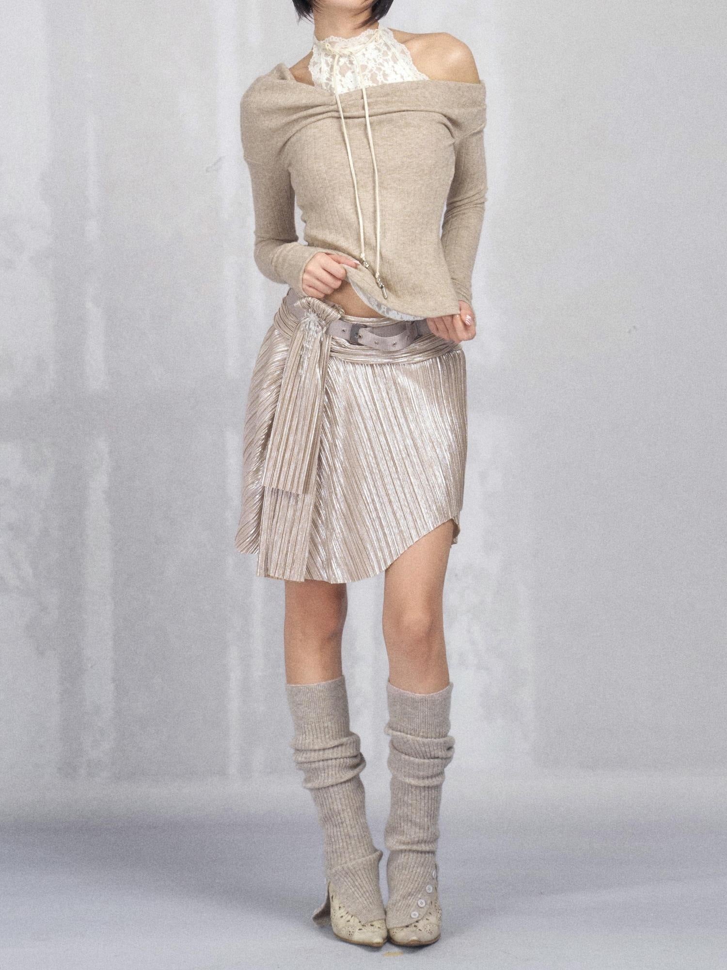OPEN AESTHETIC High Stretch Pleated A Line Low Waist Tie Casual Champagne Midi Skirts