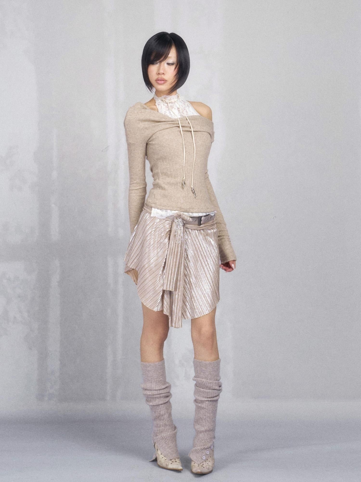 OPEN AESTHETIC High Stretch Pleated A Line Low Waist Tie Casual Champagne Midi Skirts
