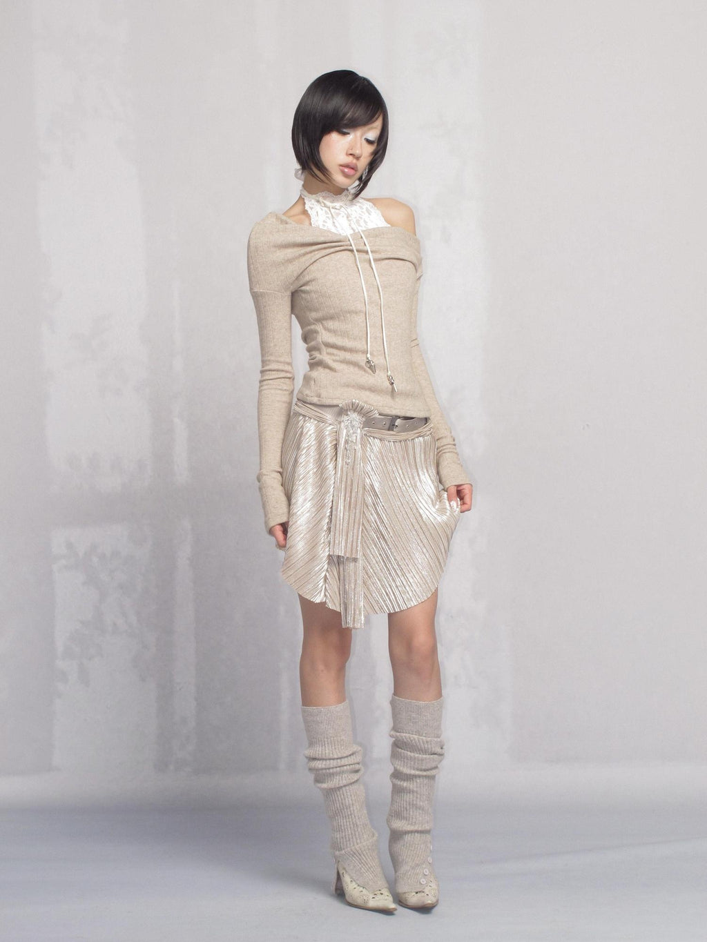 OPEN AESTHETIC High Stretch Pleated A Line Low Waist Tie Casual Champagne Midi Skirts